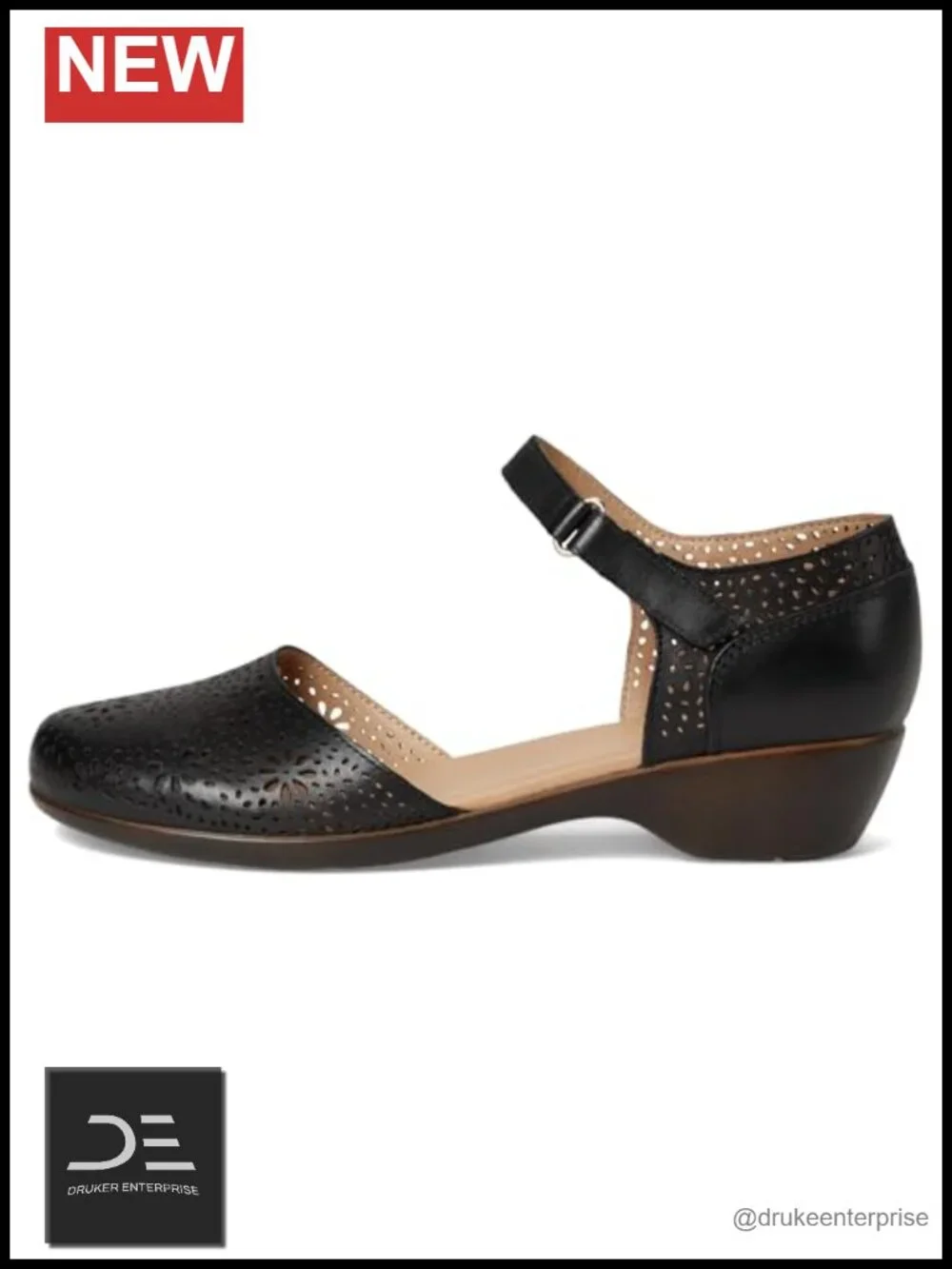 Perforated Leather Mary Jane Wedge Pump with Hook-and-Loop Strap